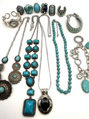 Southwestern Turquoise Tone Jewelry Lot Necklace Chunky Rings MORE